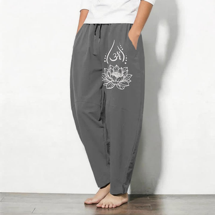 Buddha Stones Pure Cotton Sacred Lotus Om Pattern Drawstring Men's Tapered Pants With Pockets - image 8
