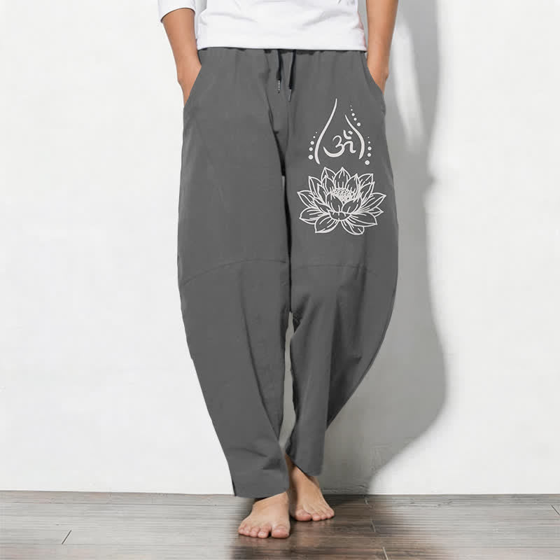 Buddha Stones Pure Cotton Sacred Lotus Om Pattern Drawstring Men's Tapered Pants With Pockets - Gray - US/UK/AU50，EU60 (5XL) - image 7