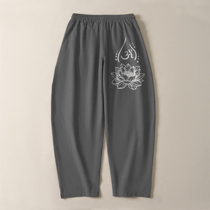 Buddha Stones Pure Cotton Sacred Lotus Om Pattern Drawstring Men's Tapered Pants With Pockets - image 10