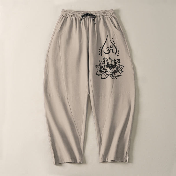 Buddha Stones Pure Cotton Sacred Lotus Om Pattern Drawstring Men's Tapered Pants With Pockets - image 13