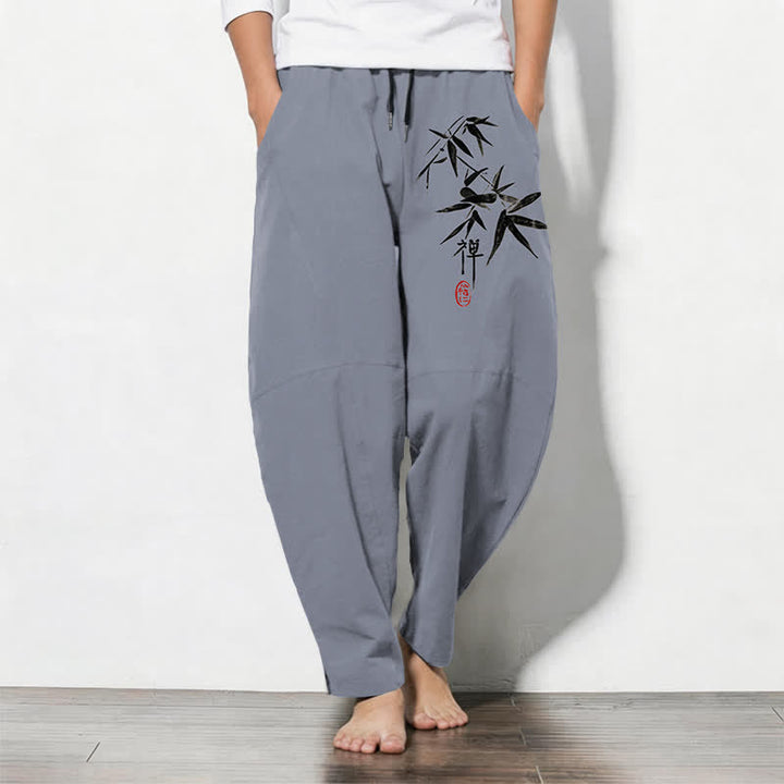 Buddha Stones Pure Cotton Zen Bamboo Leaf Pattern Drawstring Men's Tapered Pants With Pockets - SlateGray - US/UK/AU50，EU60 (5XL) - image 0