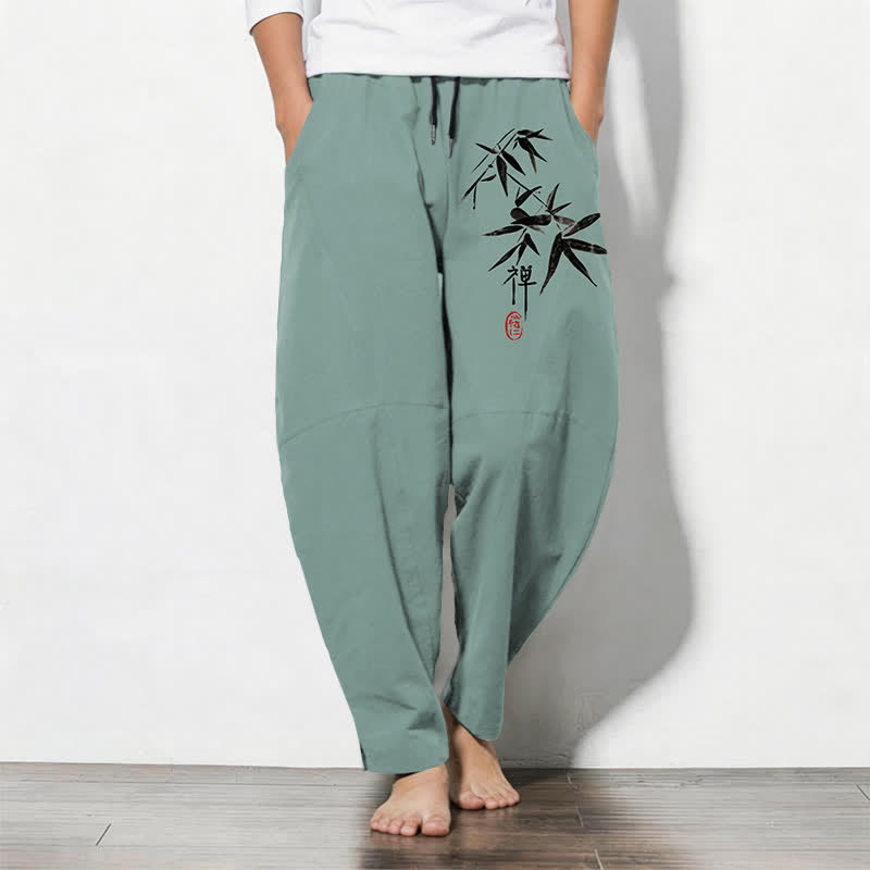 Buddha Stones Pure Cotton Zen Bamboo Leaf Pattern Drawstring Men's Tapered Pants With Pockets - MediumAquamarine - US/UK/AU50，EU60 (5XL) - image 7