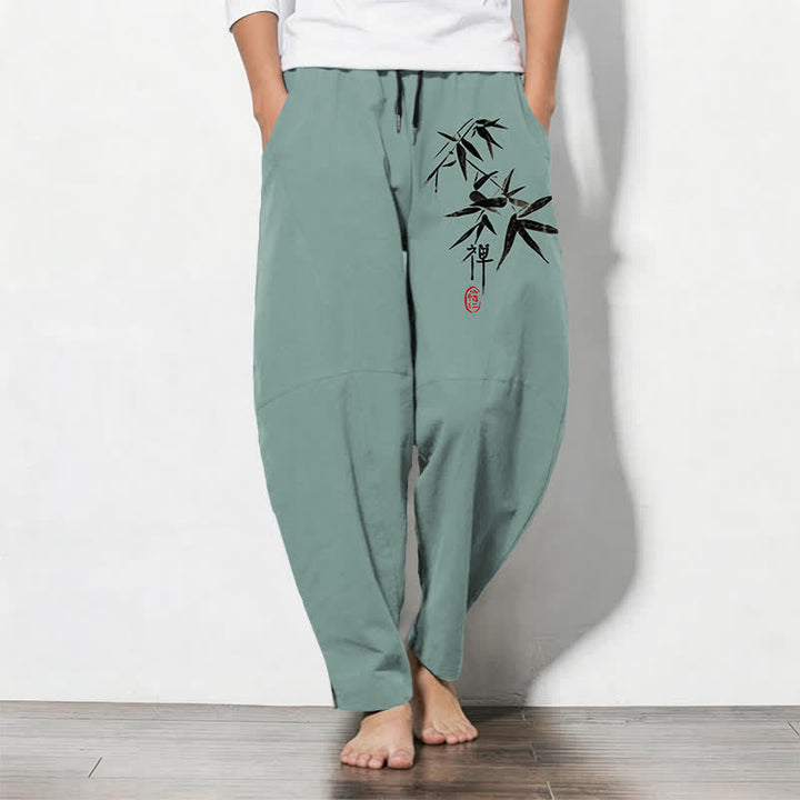 Buddha Stones Pure Cotton Zen Bamboo Leaf Pattern Drawstring Men's Tapered Pants With Pockets - MediumAquamarine - US/UK/AU50，EU60 (5XL) - image 7