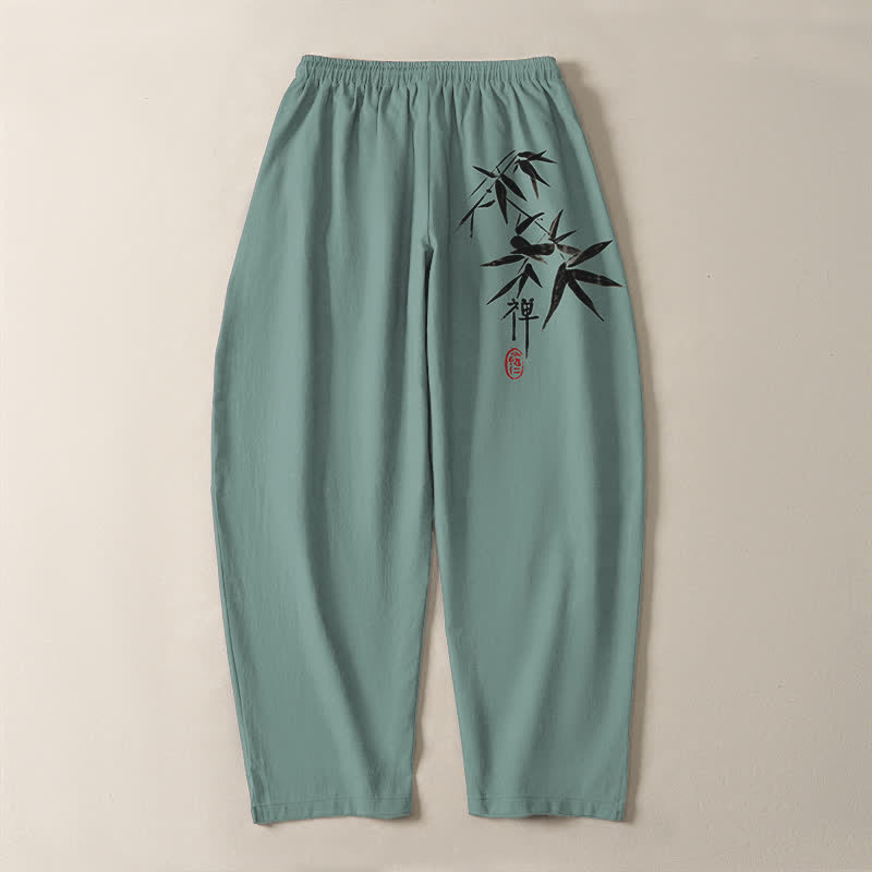 Buddha Stones Pure Cotton Zen Bamboo Leaf Pattern Drawstring Men's Tapered Pants With Pockets - image 10