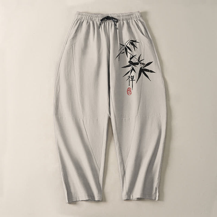 Buddha Stones Pure Cotton Zen Bamboo Leaf Pattern Drawstring Men's Tapered Pants With Pockets - image 13