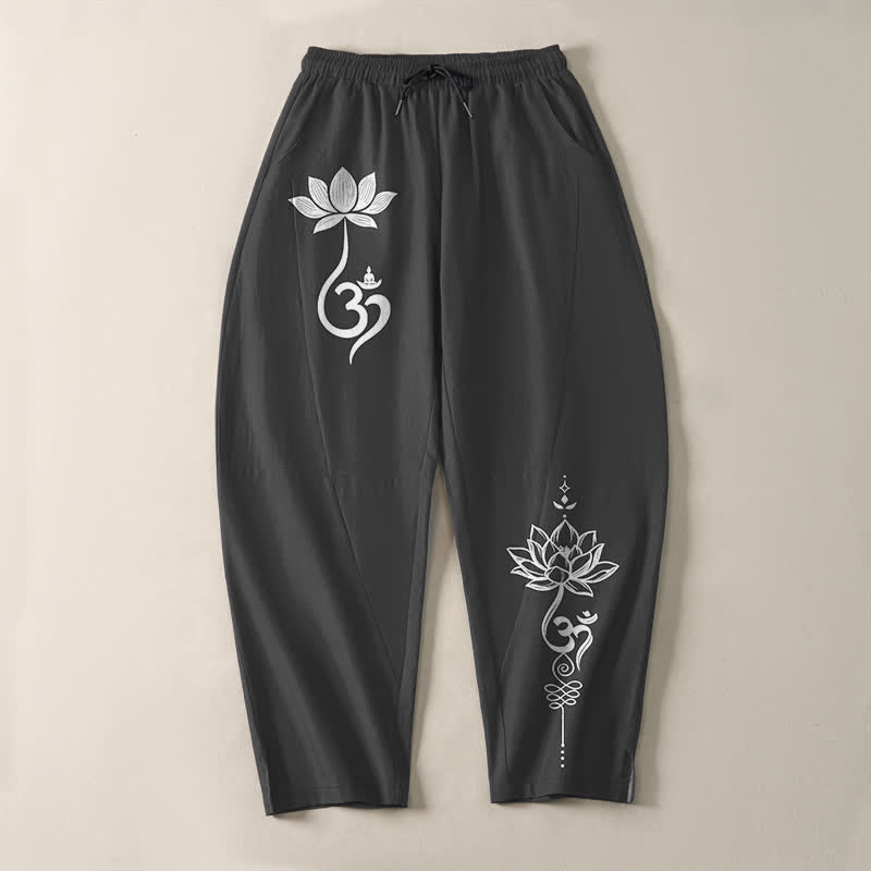 Buddha Stones Pure Cotton Zen Om Pattern Drawstring Men's Tapered Pants With Pockets - image 2