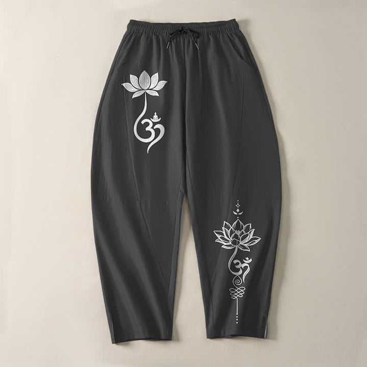 Buddha Stones Pure Cotton Zen Om Pattern Drawstring Men's Tapered Pants With Pockets - image 2