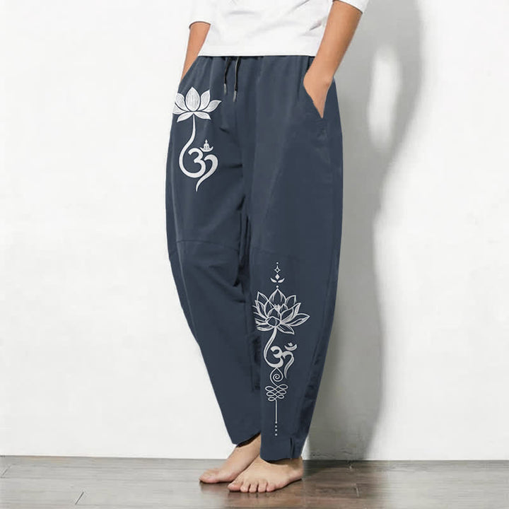 Buddha Stones Pure Cotton Zen Om Pattern Drawstring Men's Tapered Pants With Pockets - image 8