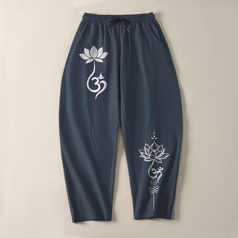 Buddha Stones Pure Cotton Zen Om Pattern Drawstring Men's Tapered Pants With Pockets - image 9