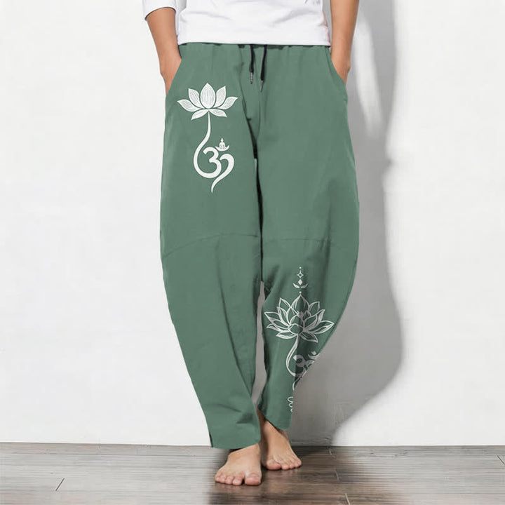 Buddha Stones Pure Cotton Zen Om Pattern Drawstring Men's Tapered Pants With Pockets - SeaGreen - US/UK/AU50，EU60 (5XL) - image 11