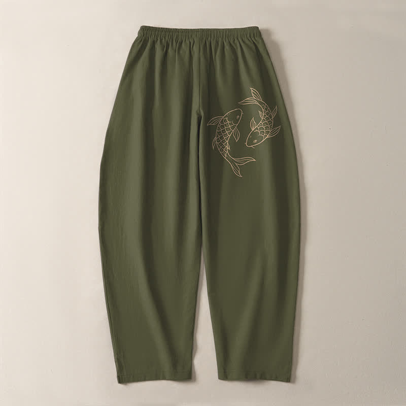 Buddha Stones Pure Cotton Koi Fish Pattern Drawstring Men's Tapered Pants With Pockets - image 3