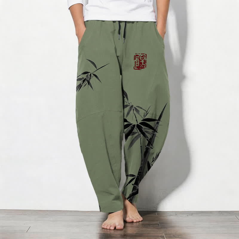 Buddha Stones Pure Cotton Oriental Ink Bamboo Pattern Drawstring Men's Tapered Pants With Pockets - DarkOliveGreen - US/UK/AU50，EU60 (5XL) - image 7
