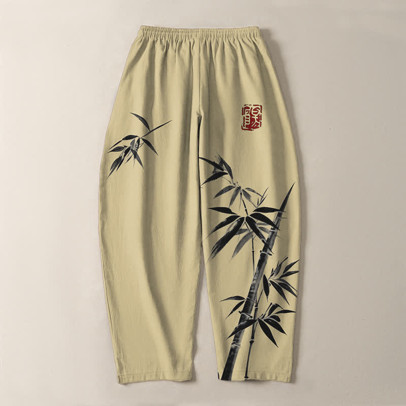 Buddha Stones Pure Cotton Oriental Ink Bamboo Pattern Drawstring Men's Tapered Pants With Pockets - image 14