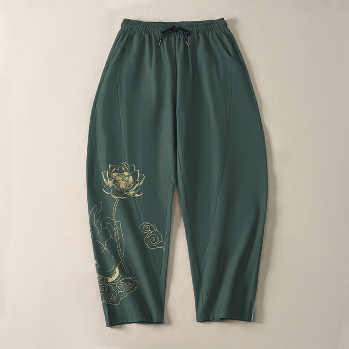 Buddha Stones Pure Cotton Golden Lotus Cloud Pattern Drawstring Men's Tapered Pants With Pockets - image 2