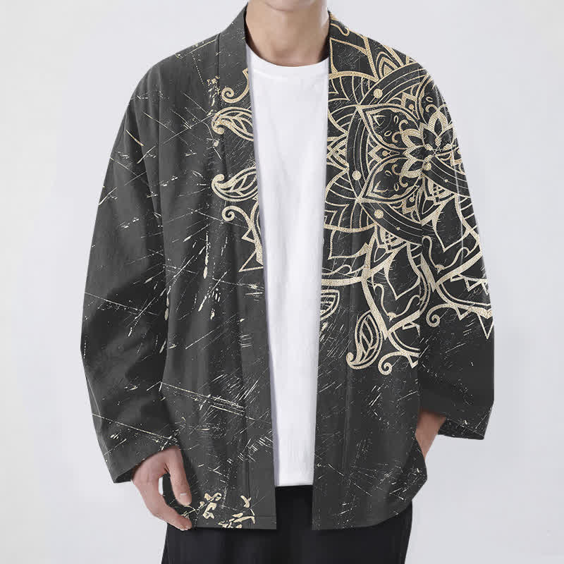 Buddha Stones Cotton Distressed Mandala Pattern Open Front Men's Kimono - Gray - US/UK/AU48，EU58 (4XL) - image 9