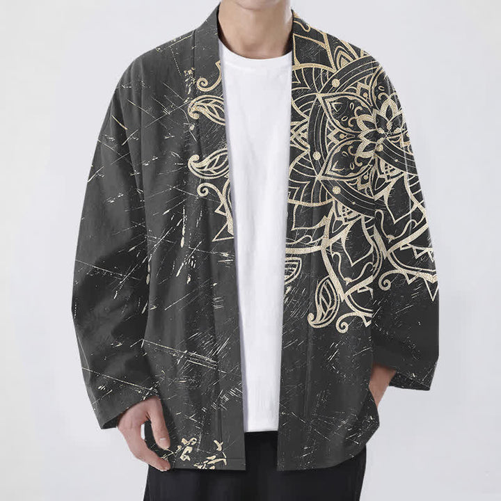 Buddha Stones Cotton Distressed Mandala Pattern Open Front Men's Kimono - Gray - US/UK/AU48，EU58 (4XL) - image 9