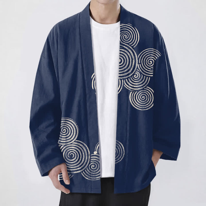 Buddha Stones Cotton Concentric Spiral Pattern Open Front Men's Kimono - Navy - US/UK/AU48，EU58 (4XL) - image 0