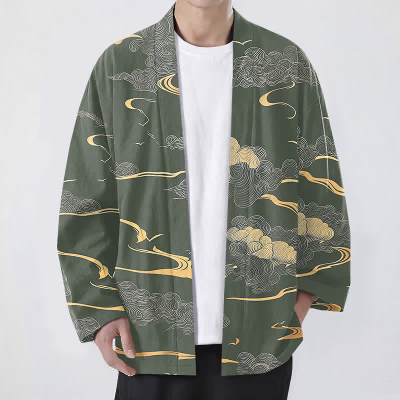 Buddha Stones Cotton Golden Cloud Pattern Open Front Men's Kimono - DarkSeaGreen - US/UK/AU48，EU58 (4XL) - image 6