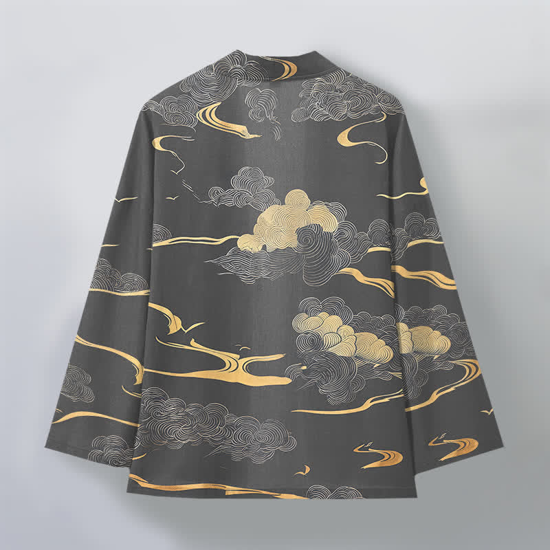 Buddha Stones Cotton Golden Cloud Pattern Open Front Men's Kimono - image 11