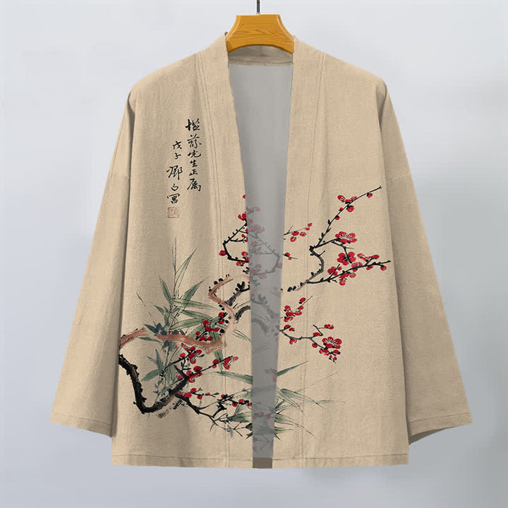 Buddha Stones Cotton Red Plum Bamboo Pattern Open Front Men's Kimono - image 1