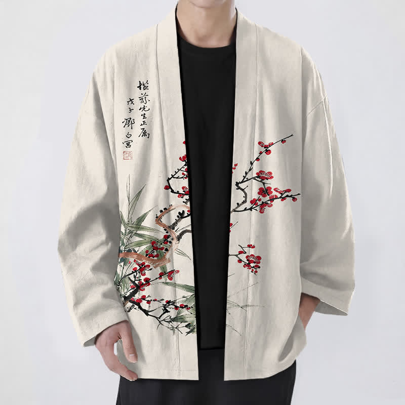 Buddha Stones Cotton Red Plum Bamboo Pattern Open Front Men's Kimono - Beige - US/UK/AU48，EU58 (4XL) - image 9