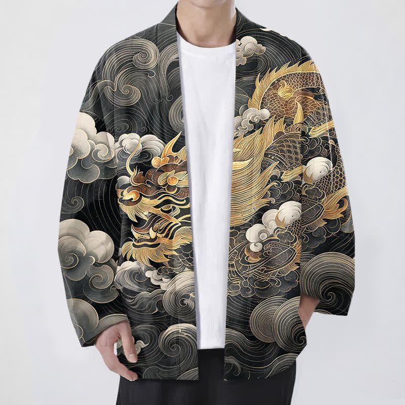 Buddha Stones Cotton Golden Dragon Cloud Pattern Open Front Men's Kimono - Black - US/UK/AU48，EU58 (4XL) - image 0
