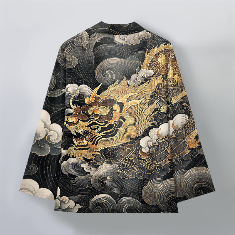 Buddha Stones Cotton Golden Dragon Cloud Pattern Open Front Men's Kimono - image 2