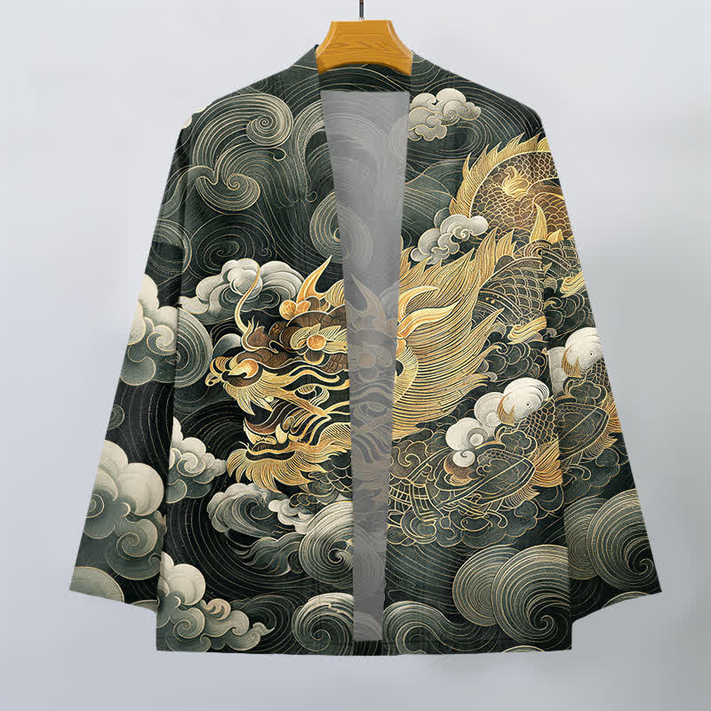Buddha Stones Cotton Golden Dragon Cloud Pattern Open Front Men's Kimono - image 7