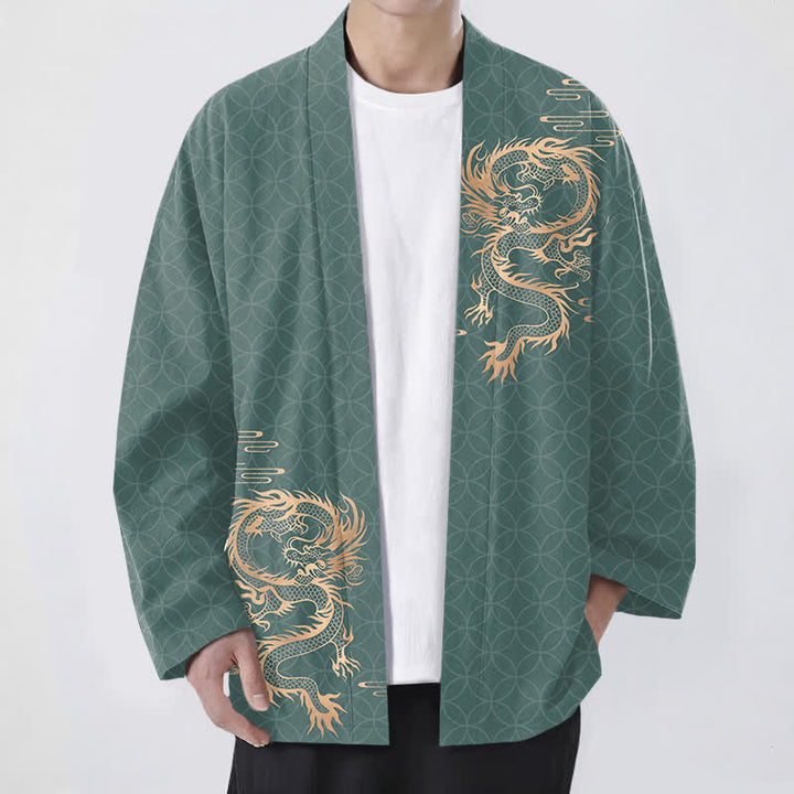 Buddha Stones Cotton Golden Dragon Geometric Circle Pattern Open Front Men's Kimono - MediumSeaGreen - US/UK/AU48，EU58 (4XL) - image 9