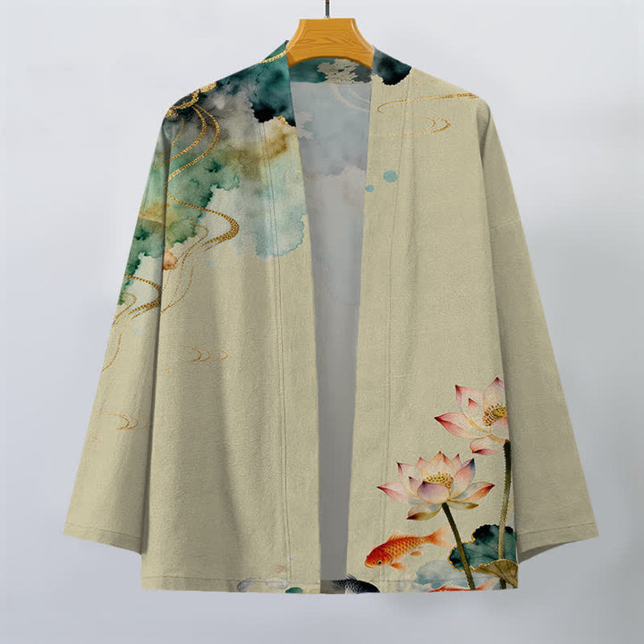 Buddha Stones Cotton Lotus Koi Ink Cloud Pattern Open Front Men's Kimono - image 7