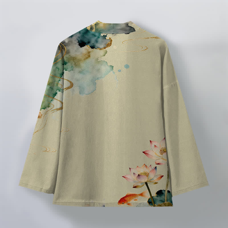 Buddha Stones Cotton Lotus Koi Ink Cloud Pattern Open Front Men's Kimono - image 8