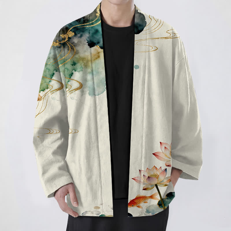Buddha Stones Cotton Lotus Koi Ink Cloud Pattern Open Front Men's Kimono - Beige - US/UK/AU48，EU58 (4XL) - image 9