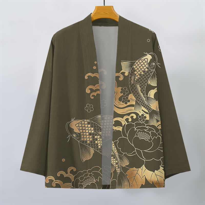 Buddha Stones Cotton Golden Koi Floral Pattern Open Front Men's Kimono - image 1