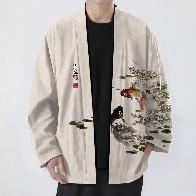 Buddha Stones Cotton Koi Lotus Ink Wash Pattern Open Front Men's Kimono - Beige - US/UK/AU48，EU58 (4XL) - image 0
