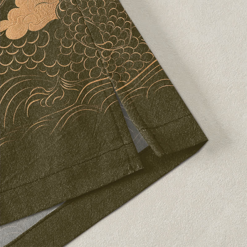 Buddha Stones Cotton Golden Dragon Cloud Wave Pattern Open Front Men's Kimono - image 4