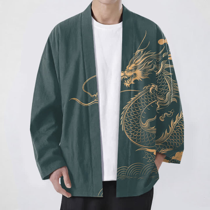 Buddha Stones Cotton Golden Dragon Cloud Wave Pattern Open Front Men's Kimono - Teal - US/UK/AU48，EU58 (4XL) - image 9
