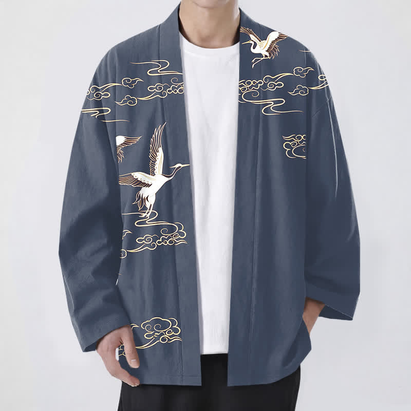 Buddha Stones Cotton White Crane Gold Cloud Pattern Open Front Men's Kimono - SteelBlue - US/UK/AU48，EU58 (4XL) - image 0