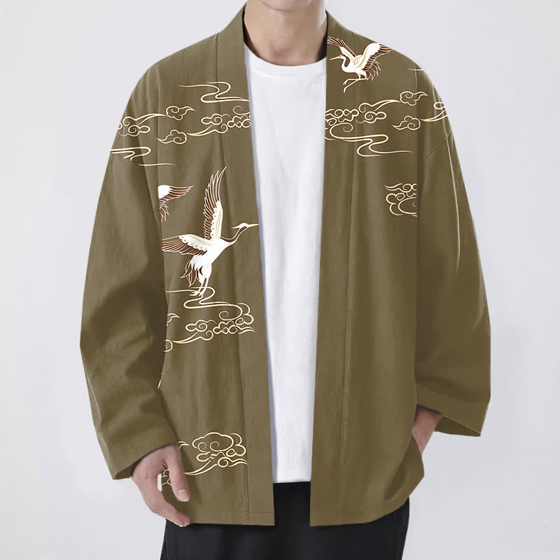 Buddha Stones Cotton White Crane Gold Cloud Pattern Open Front Men's Kimono - Olive - US/UK/AU48，EU58 (4XL) - image 9