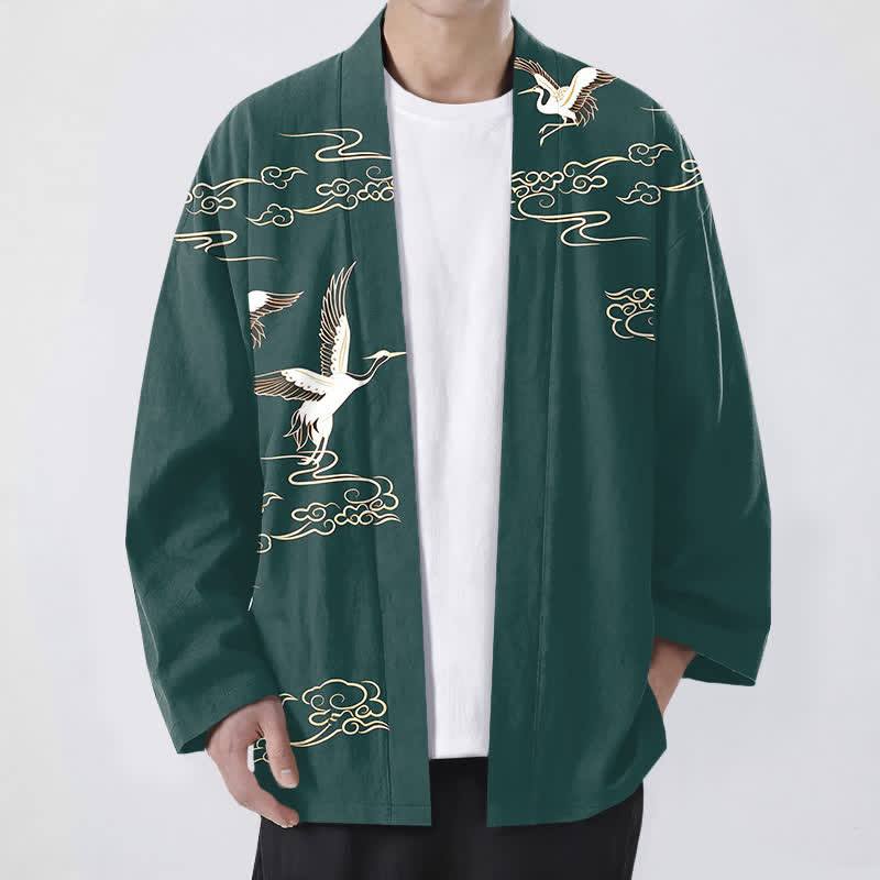 Buddha Stones Cotton White Crane Gold Cloud Pattern Open Front Men's Kimono - Teal - US/UK/AU48，EU58 (4XL) - image 6