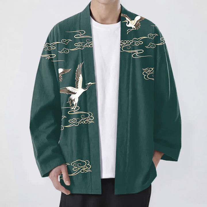 Buddha Stones Cotton White Crane Gold Cloud Pattern Open Front Men's Kimono - Teal - US/UK/AU48，EU58 (4XL) - image 6