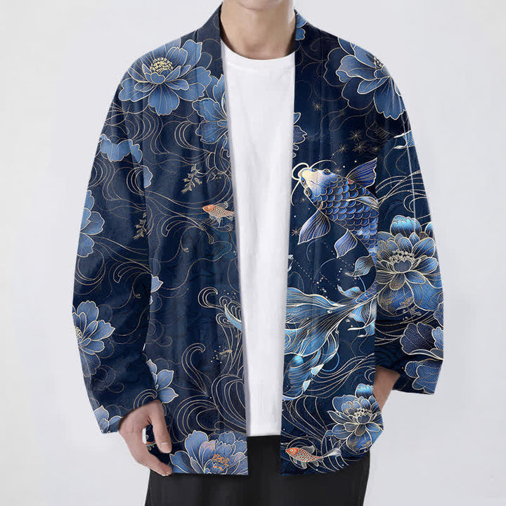 Buddha Stones Cotton Koi Lotus Flowing Waves Pattern Open Front Men's Kimono - Navy - US/UK/AU48，EU58 (4XL) - image 0