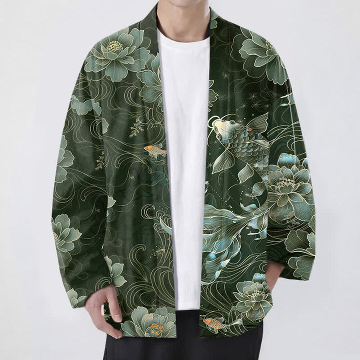 Buddha Stones Cotton Koi Lotus Flowing Waves Pattern Open Front Men's Kimono - DarkGreen - US/UK/AU48，EU58 (4XL) - image 9