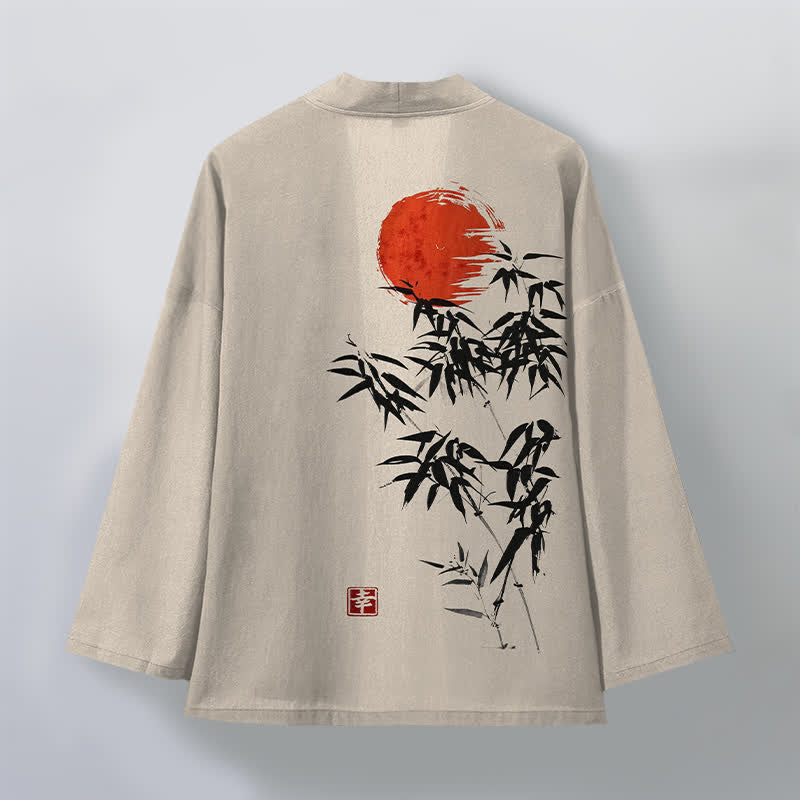 Buddha Stones Cotton Red Sun Bamboo Ink Pattern Open Front Men's Kimono - image 2