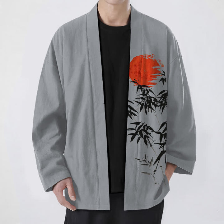 Buddha Stones Cotton Red Sun Bamboo Ink Pattern Open Front Men's Kimono - DarkGray - US/UK/AU48，EU58 (4XL) - image 9