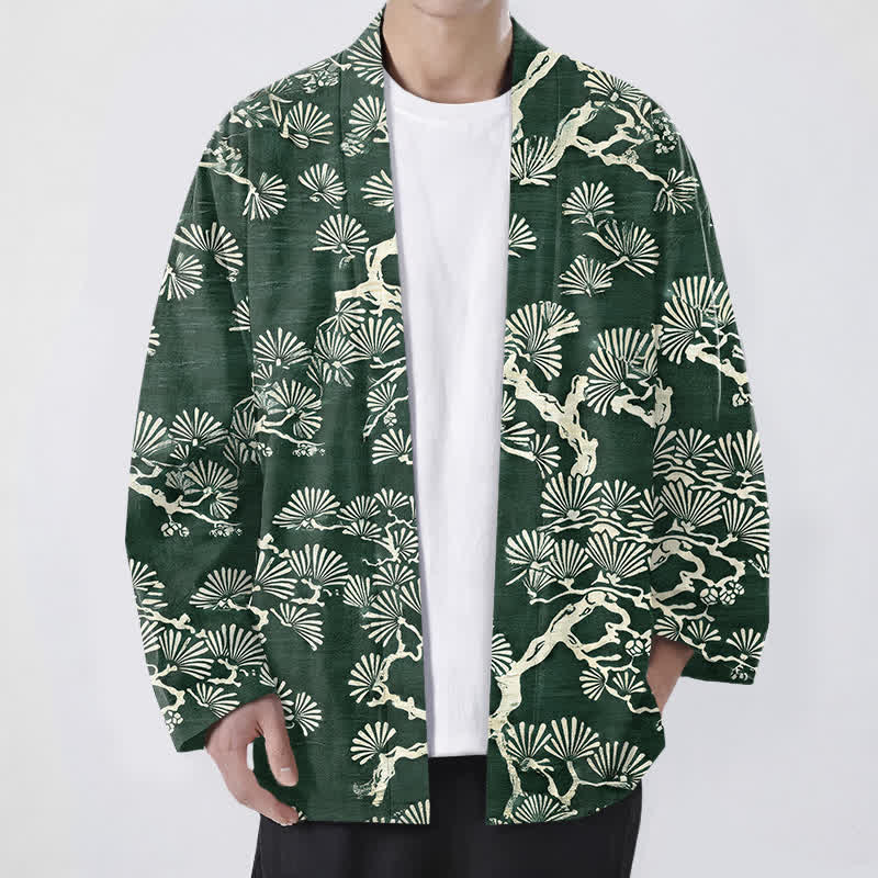Buddha Stones Cotton Pine Branch Fan Pattern Open Front Men's Kimono - ForestGreen - US/UK/AU48，EU58 (4XL) - image 6