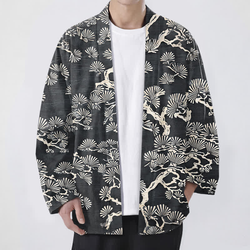 Buddha Stones Cotton Pine Branch Fan Pattern Open Front Men's Kimono - DimGray - US/UK/AU48，EU58 (4XL) - image 9