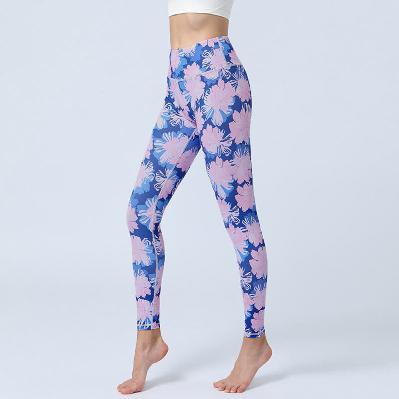 Buddha Stones Flowers Leaves Print Sports Fitness Yoga High Waist Leggings Women's Yoga Pants - Blue Pink Flowers - US8-10，UK/AU12-14，EU40-42 (XL) - image 7