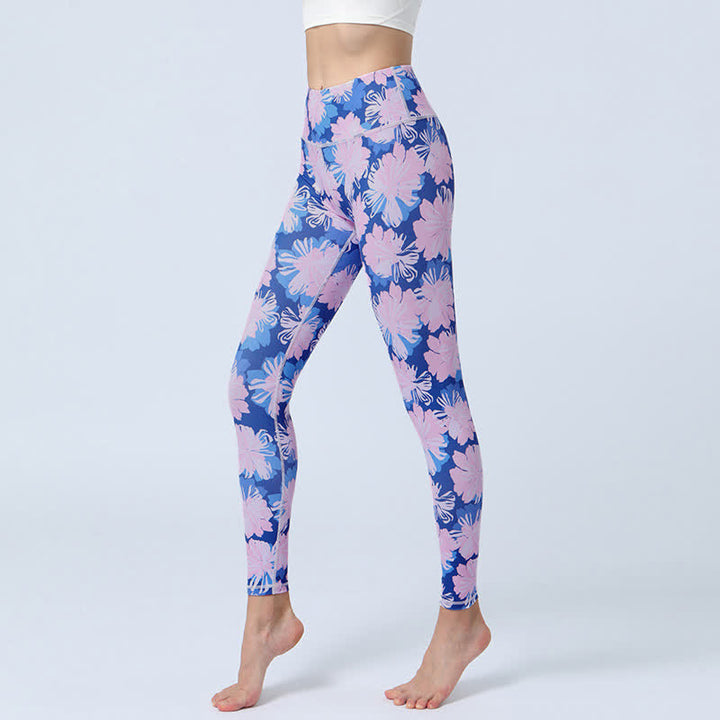 Buddha Stones Flowers Leaves Print Sports Fitness Yoga High Waist Leggings Women's Yoga Pants - Blue Pink Flowers - US8-10，UK/AU12-14，EU40-42 (XL) - image 7