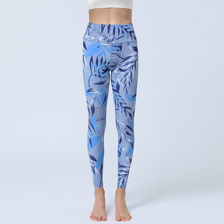 Buddha Stones Flowers Leaves Print Sports Fitness Yoga High Waist Leggings Women's Yoga Pants - Light Blue Leaves - US8-10，UK/AU12-14，EU40-42 (XL) - image 10