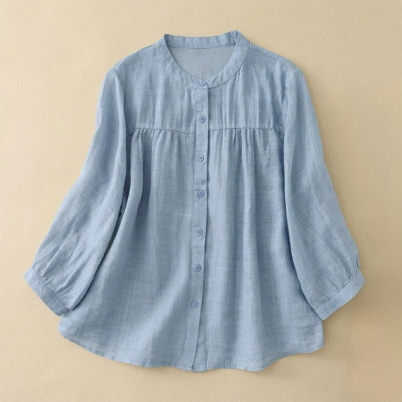 Buddha Stones Plain Crew Neck Buttons Design Three Quarter Sleeve Women's Shirt - LightSkyBlue - US14，UK/AU18，EU46 (3XL) - image 5